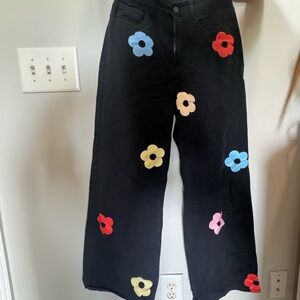 Cider Black Flare Jeans with Floral Accents